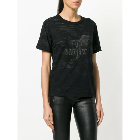 SAINT LAURENT Black Lightning Bolt Logo Burnout Short Sleeve T-Shirt, Size L - Picture 1 of 12